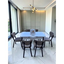 Msy Home Alva 6 Kişilik Yemek Masası Takımı Baby Face Kumaş Beyaz 80X130 cm Mdf Masa Siyah Iskelet Modern ve Şık
