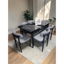 Msy Home 6 Kişilik Lina A.gri Kumaş 80*130 Siyah Mermer Açılır Masa Sandalye Seti (Modern Seri) Siyah Iskelet