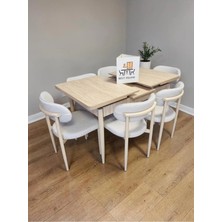 Msy Home 6 Kişilik Lina Beyaz Kumaş 80*130 Traverten Açılır Masa Sandalye Seti (Modern Seri)Krem Iskelet