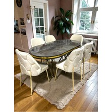 Msy Home 6 Kişilik Ada Gold Serisi Ironi Masa Yönsüz Kumaş Lüks ve Modern Yemek Odası Takımı
