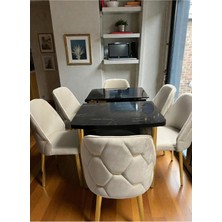 Msy Home 6 Kişilik Asil Gold Serisi Kelebek Siyah Mermer Desenli Yemek Masası Takımı