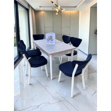 Msy Home Alva 6 Kişilik Yemek Masası Takımı Baby Face Kumaş Traverten 80X130 cm Mdf Masa Beyaz Iskelet Modern ve Şık
