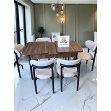 Msy Home 6 Kişilik Lina Krem Kumaş 80*130 Antik Çam Açılır Masa Sandalye Seti (Modern Seri) Siyah Iskelet