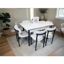 Msy Home 6 Kişilik Lina Beyaz Kumaş 80*130 Beyaz Açılır Masa Sandalye Seti (Modern Seri) Siyah Iskelet