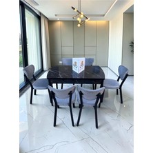 Msy Home Alva 6 Kişilik Yemek Masası Takımı Baby Face Kumaş Siyah Mermer 80X130 cm Mdf Masa Siyah Iskelet Modern ve Şık