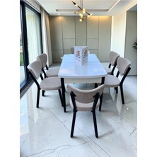 Msy Home Alva 6 Kişilik Yemek Masası Takımı Baby Face Kumaş Beyaz 80X130 cm Mdf Masa Siyah Iskelet Modern ve Şık