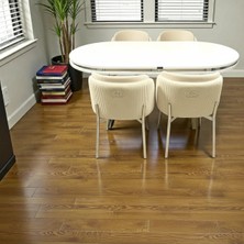 Msy Home 4 Kişilik Aura Krom Serisi Beyaz Lake Oval Yemek Masası ve Puffy Krem Sandalye Takımı Modern