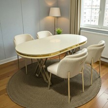 Msy Home 4 Kişilik Aura Gold Serisi Beyaz Lake Oval Yemek Masası ve Puffy Krem Sandalye Takımı Modern