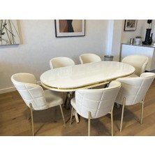 Msy Home 6 Kişilik Serya Beyaz Oval Masa Gold Ayak Yönsüz Kumaş Modern ve Şık Yemek Odası Takımı