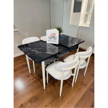 Msy Home 4 Kişilik Lina Beyaz Kumaş 80*130 Siyah Mermer Açılır Masa Sandalye Seti (Modern Seri)Krem Iskelet
