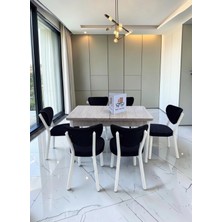 Msy Home Alva 6 Kişilik Yemek Masası Takımı Baby Face Kumaş Traverten 80X130 cm Mdf Masa Beyaz Iskelet Modern ve Şık
