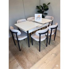Msy Home 6 Kişilik Lina Krem Kumaş 80*130 Beyaz Açılır Masa Sandalye Seti (Modern Seri) Siyah Iskelet