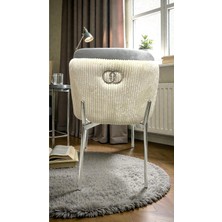 Msy Home 6 Kişilik Aura Krom Serisi Ironi Lake Oval Yemek Masası ve Puffy Açık Gri Sandalye Takımı Modern