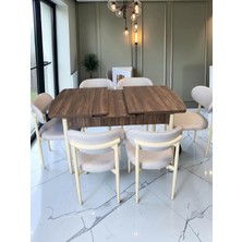 Msy Home 6 Kişilik Lina Krem Kumaş 80*130 Antik Çam Açılır Masa Sandalye Seti (Modern Seri)Krem Iskelet