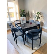 Msy Home 6 Kişilik Lina 80*130 Siyah Mermer Açılır Masa Sandalye Seti (Modern Seri) Siyah Iskelet