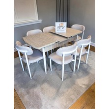 Msy Home 6 Kişilik Lina Krem Kumaş 80*130 Traverten Açılır Masa Sandalye Seti (Modern Seri)Beyaz Iskelet
