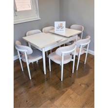 Msy Home 6 Kişilik Lina Krem Kumaş 80*130 Beyaz Açılır Masa Sandalye Seti (Modern Seri)Krem Iskelet