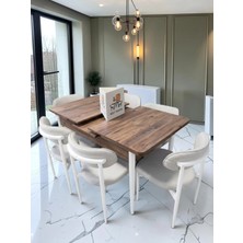 Msy Home 6 Kişilik Lina Beyaz Kumaş 80*130 Antik Çam Açılır Masa Sandalye Seti (Modern Seri)Beyaz Iskelet