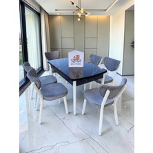 Msy Home Alva 6 Kişilik Yemek Masası Takımı Baby Face Kumaş Siyah Mermer 80X130 cm Mdf Masa Beyaz Iskelet Modern ve Şık