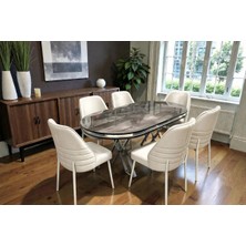Msy Home 6 Kişilik Monaco Stil Krom Çizgili Krem Kumaş Ironi Oval Masa Modern Yemek Odası Seti
