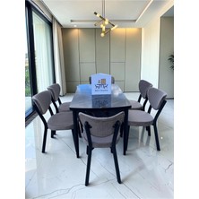 Msy Home Alva 6 Kişilik Yemek Masası Takımı Baby Face Kumaş Siyah Mermer 80X130 cm Mdf Masa Siyah Iskelet Modern ve Şık