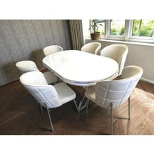 Msy Home 6 Kişilik Serya Beyaz Oval Masa Krom Ayak Yönsüz Kumaş Modern ve Şık Yemek Odası Takımı