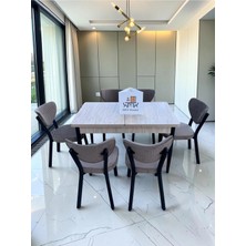 Msy Home Alva 6 Kişilik Yemek Masası Takımı Baby Face Kumaş Traverten 80X130 cm Mdf Masa Siyah Iskelet Modern ve Şık