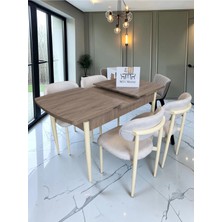 Msy Home 4 Kişilik Lina Krem Kumaş 80*130 Antik Çam Açılır Masa Sandalye Seti (Modern Seri)Krem Iskelet
