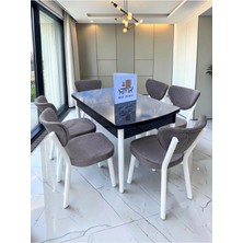 Msy Home Alva 6 Kişilik Yemek Masası Takımı Baby Face Kumaş Siyah Mermer 80X130 cm Mdf Masa Beyaz Iskelet Modern ve Şık