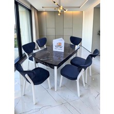 Msy Home Alva 6 Kişilik Yemek Masası Takımı Baby Face Kumaş Siyah Mermer 80X130 cm Mdf Masa Beyaz Iskelet Modern ve Şık