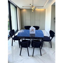Msy Home Alva 6 Kişilik Yemek Masası Takımı Baby Face Kumaş Siyah Mermer 80X130 cm Mdf Masa Siyah Iskelet Modern ve Şık