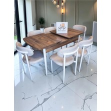 Msy Home 6 Kişilik Lina Krem Kumaş 80*130 Antik Çam Açılır Masa Sandalye Seti (Modern Seri)Beyaz Iskelet
