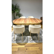 Msy Home 6 Kişilik Aura Gold Serisi Ceviz Lake Oval Yemek Masası ve Puffy Krem Sandalye Takımı Modern