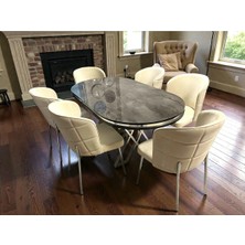 Msy Home 6 Kişilik Serya Ironi Oval Masa Krom Ayak Yönsüz Kumaş Modern ve Şık Yemek Odası Takımı