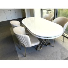 Msy Home 4 Kişilik Berya Beyaz Oval Masa Krom Ayak Yönsüz Kumaş Modern ve Şık Yemek Odası Takımı