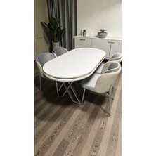 Msy Home 4 Kişilik Aura Krom Serisi Beyaz Lake Oval Yemek Masası ve Puffy Açık Gri Sandalye Takımı Modern