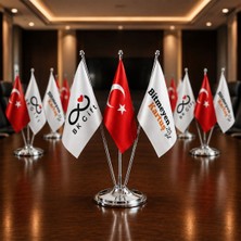 BK Gift 10 Adet Logonuza Özel Üçlü Masaüstü Bayrak Seti Türk Bayrağı ve Firma Logolu Bayrak 33 cm