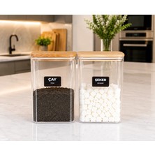 Mafa Home Ahşap Vakum Kapaklı Akrilik Çay Şeker Kavanozu Saklama Kabı Seti 3 Litre Etiketli
