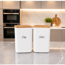 Mafa Home 2'li Ahşap Vakum Kapaklı Beyaz Akrilik Çay ve Şeker Erzak Saklama Kutusu 3 Lt Etiketli