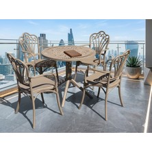 Noble Desing Ferforje Görünümlü Yuvarlak Plastik Masa Sandalye Takımı Cappuccino 4 Kişilik-Bahçe-Balkon-Teras-Mutfak