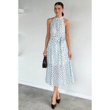 Gülseli Kadın Astarlı ve Yırtmaçlı Puantiye Desenli Elbise P-00021914