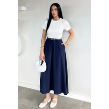 Gülseli Kemerli Penye Garnili Uzun Elbise P-00021911