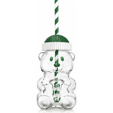 Afracam Ayıcıklı Cam Bardak Soğuk Içecek, Frozen, Detoks Bardağı 500 ml Pembe Detaylı ve Pipetli