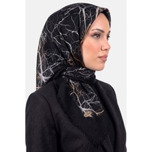 Hadiora Kadın Siyah Gri Sarı Ağaç Dalı Desenli Flamlı Eşarp