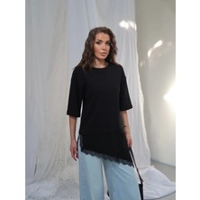 Paw Garage Kadın Elora Interlok Kumaş Eteği Dantel Detaylı Oversize T-Shirt