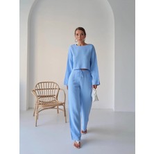 Paw Garage Kadın Trend Uzun Kol Crop Pantolon Takım - Müslin Kumaş