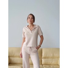 Paw Garage Kadın Maribel Pamuklu Modal Kumaş Polo Yaka Bluz-Pantolon Ikili Alt-Üst Takım, 4 Mevsim Günlük Takım