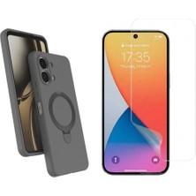 Tekno Grup Oppo A6 Pro Kılıf M-Safe Şarj Özellikli Standlı Samara Kapak-Titanyum Gri + Esnek Nano Ekran Koruyucu