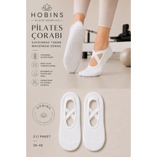 Hobins Sportswear & Company Hobins Kaydırmaz Taban Pilates ve Yoga Çorabı 2 Çift Kadın İçin Beyaz Esnek Babet Çorabı