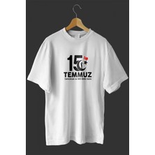 Marsilyan 15 Temmuz Demokrasi ve Milli Birlik Günü Baskılı Oversize Bisiklet Yaka T-Shirt - Beyaz